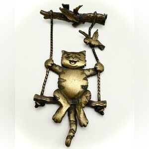 Vintage JJ Cat and birds on swing collectible brooch - brass/gold tone